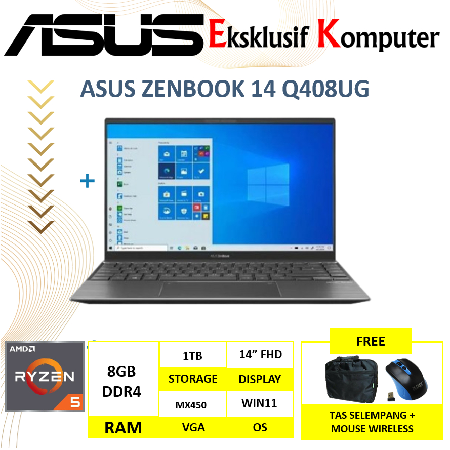 Laptop Asus Zenbook 14 Q408UG Ryzen 5 5500U 8GB 1TB SSD MX450 2GB 14" FHD Windows 11 Home