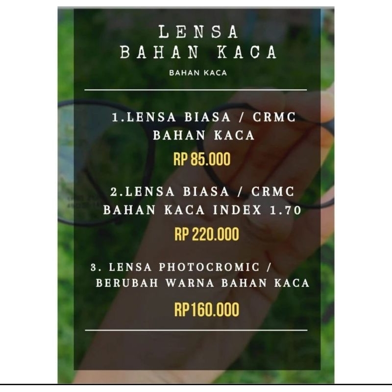 Lensa Bahan Kaca ( Bisa req minus/normal)