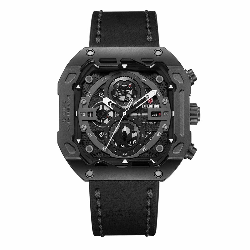 Jam Tangan Pria Expedition 6826 MCLIPBA Original Kotak Stainless Steel Black Leather Strap