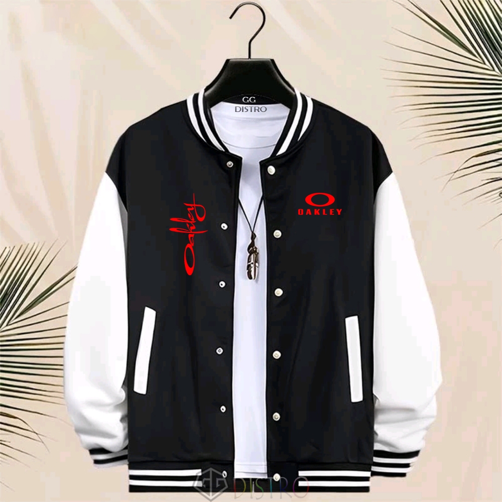 GG Distro - Jacket Unisex Baseball Kancing Jacket Varsity Oakley Text Red Jacket Pria Print