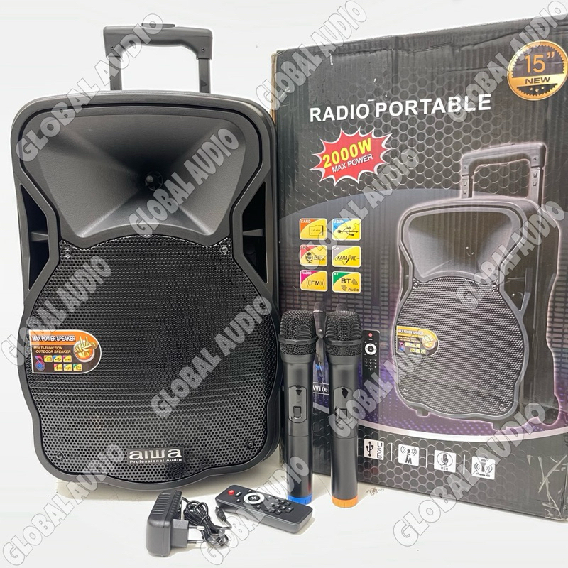 Speaker Portable Aiwa AW-15 15inch dan Aiwa AW-12 12inch Original Free 2bh Mic Wireless Speaker Trol