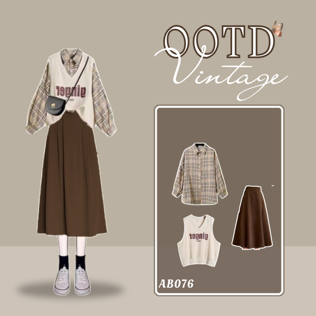 AB076 - One Set Korean Style Ootd Vintage Simple, Outfit Stady Tour Ootd Yearbook Vest Fleece