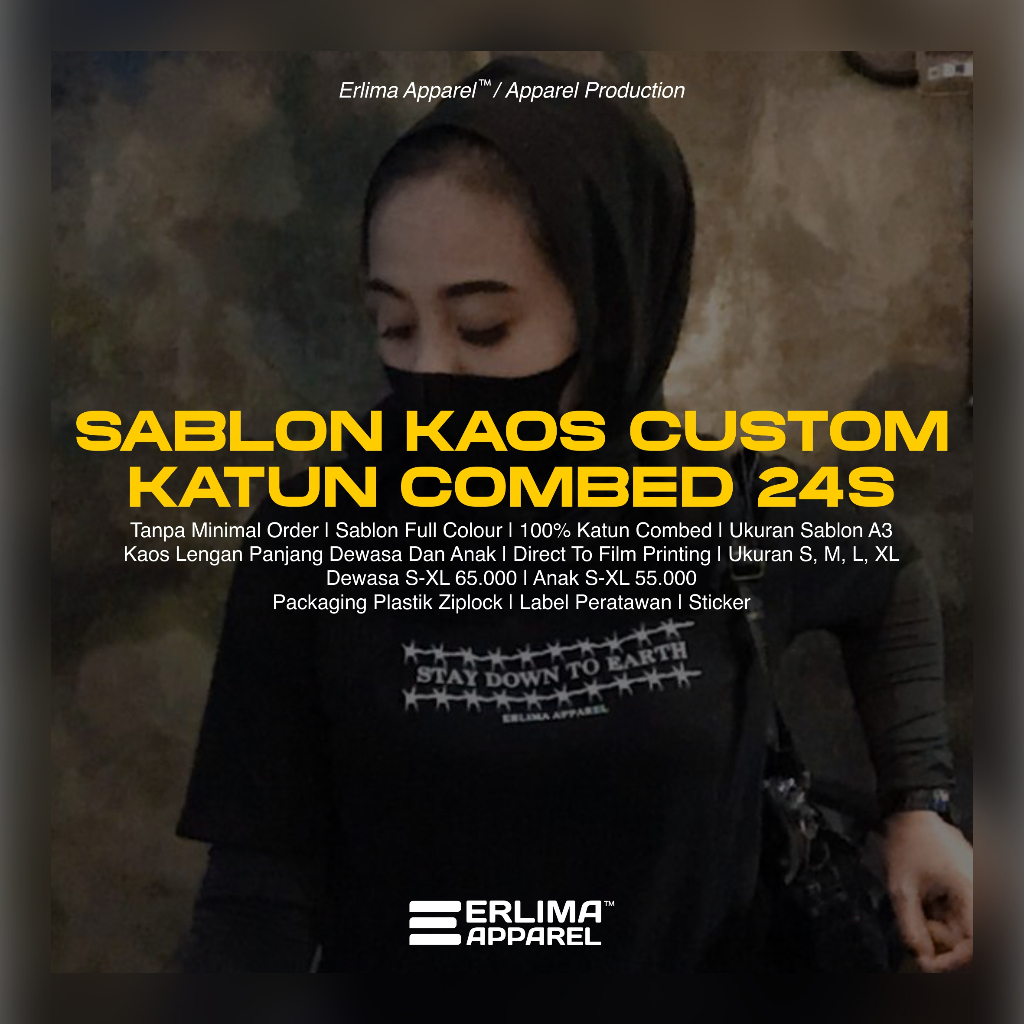 SABLON KAOS CUSTOM KATUN COMBED 24S LENGAN PANJANG DEWASA ANAK FASHOIN PAKAIAN APPAREL ERLIMA APPARE