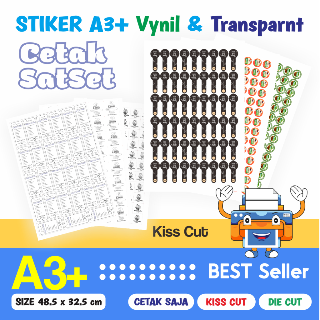 

STIKER A3+ VYNIL GLOSSY / TRANSPARANT KISS CUT | CUTTING MURAH / PRINT A3+ / LABEL / KEMASAN