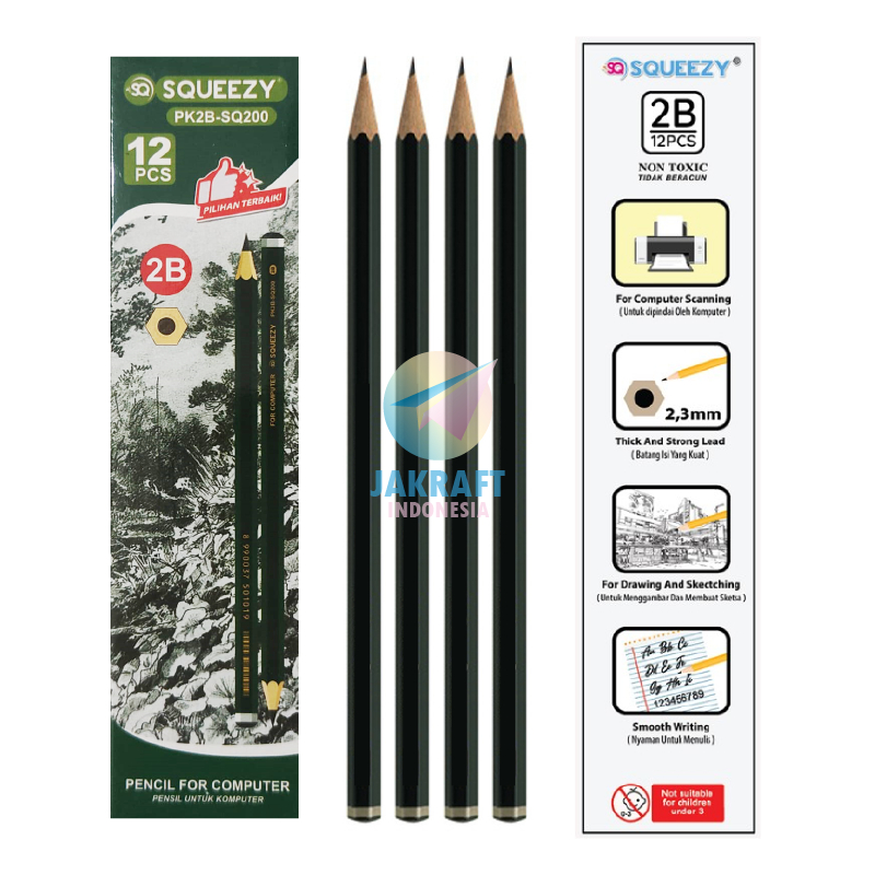 

(12 Pcs) Pensil Kayu Tulis Komputer Ujian Test Scoring Grafit 2B SQUEEZY PK2B-SQ199 Biru Blue / PK2B-SQ200 Hijau Green Wooden Graphite Pencil For Computer