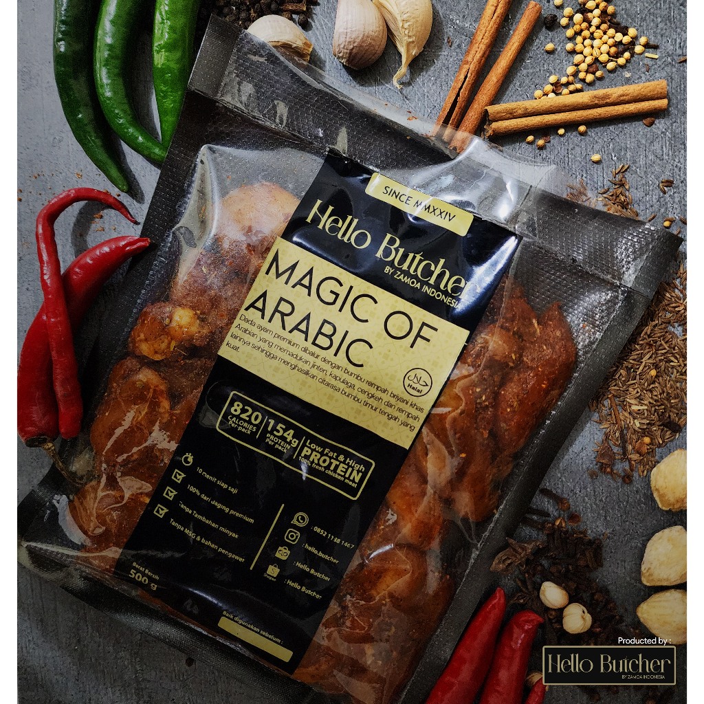 

Hello Butcher - MAGIC OF ARABIC Dada Ayam Fillet Marinasi Dry Rub 500gr / Chicken Breast Marinade - DIET SEHAT