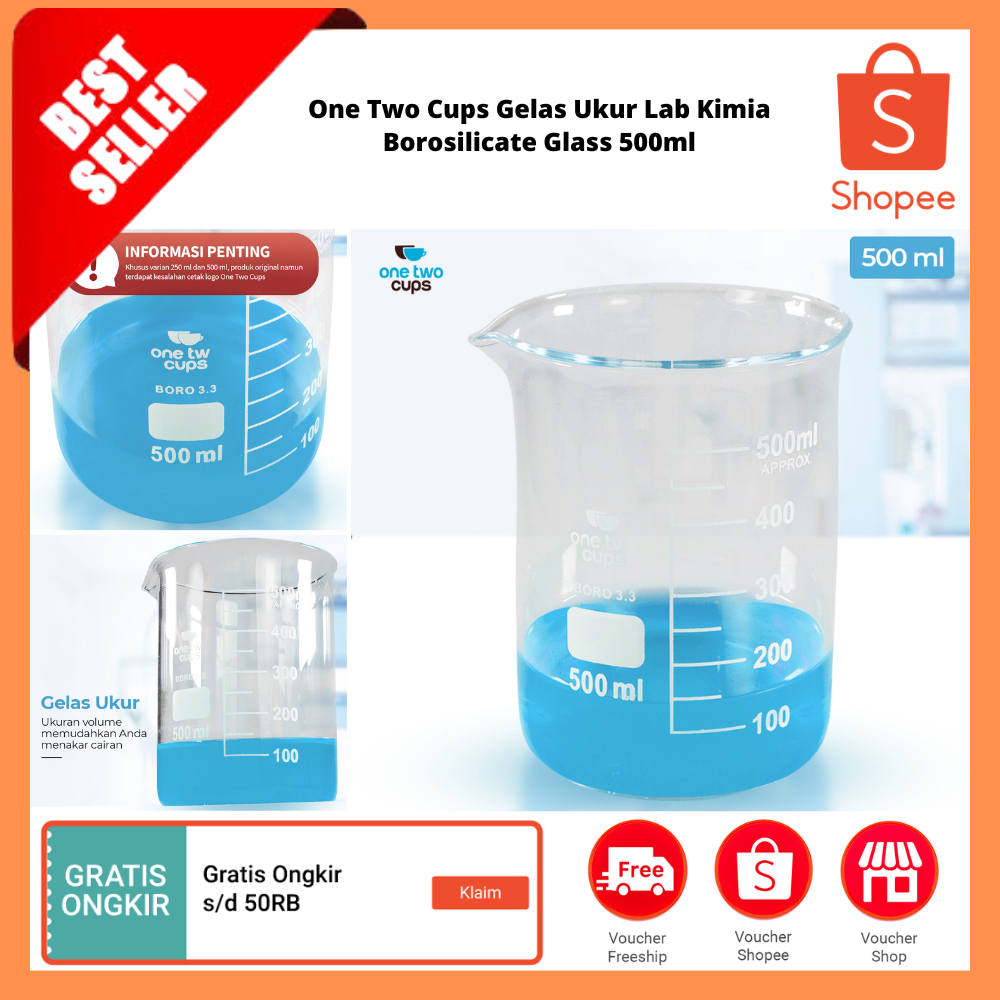 Gelas Ukur Lab Kimia Borosilicate Glass 500ml / Gelas Kaca Borosilikat Ukur Peralatan Laboratorium
