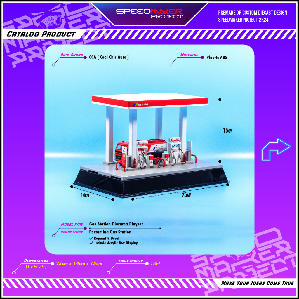 Diorama SPBU Pertamina Sevice Gas Station Miniatur Pom Bensin Mobil 1:64