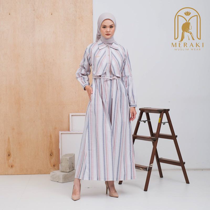 SOFIA DRESS [GARIS BIRU/PINK PASTEL] | GAMIS MUSLIM MODERN MURAH KATUN TRISET BUSUI FRIENDLY PREMIUM