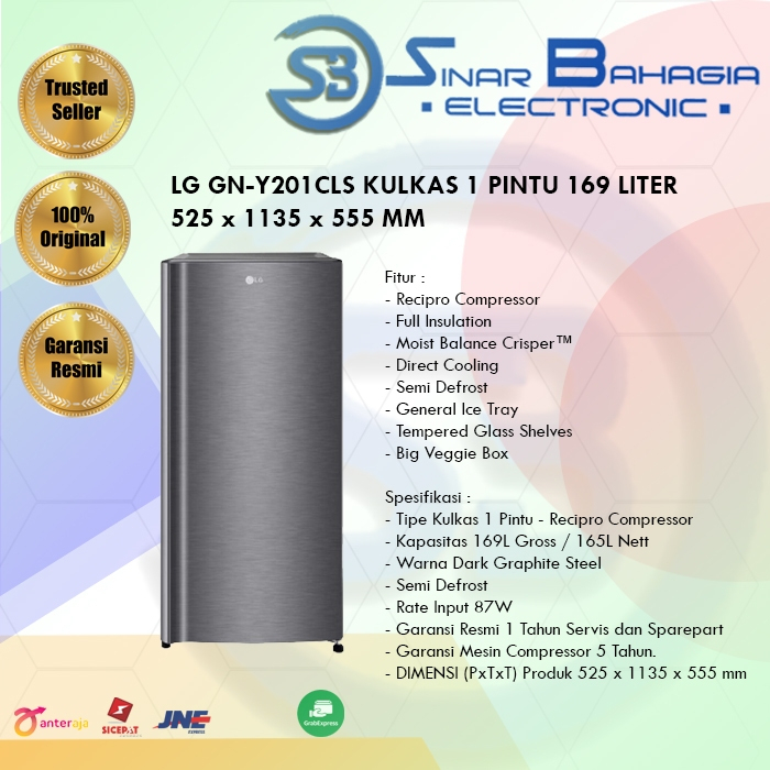 LG GN-Y201CLS KULKAS 1 PINTU 169 LITER 525 x 1135 x 555 MM (NEW) (KHUSUS BANDUNG)