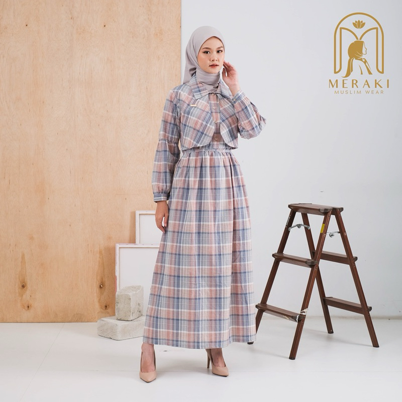 YASMIN DRESS [KOTAK BIRU/PINK PASTEL] | GAMIS MUSLIM MODERN MURAH KATUN TRISET BUSUI FRIENDLY PREMIU