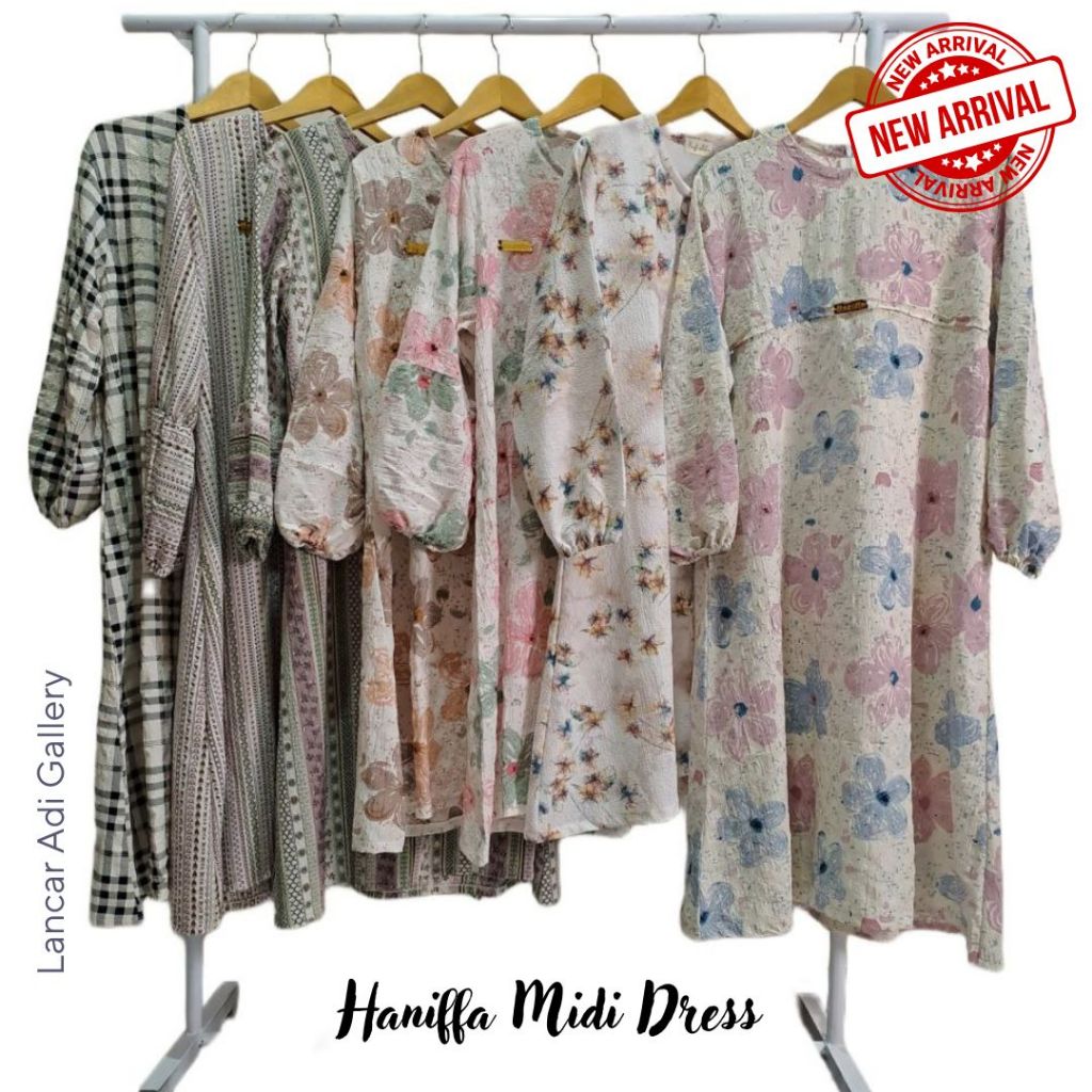 Haniffa Midi Dress Wanita Crinkle Airflow Premium Motif Kekinian