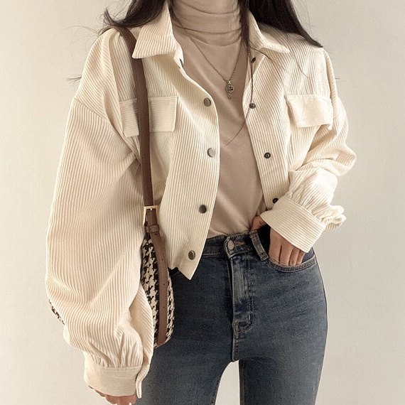 Ready Stok Ekouaer Corduroy Jaket Korean Style Wanita Retro Kolor Terbaru Jacket Crop Top baju atasa