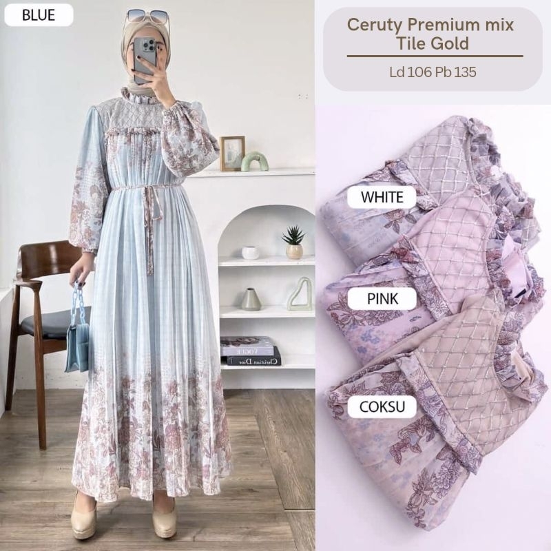 Dress Gamis Ceruty Premium Plisket mix Tile Gold Gamis Cantik Mewah Elegan Motif bunga besar kecil k