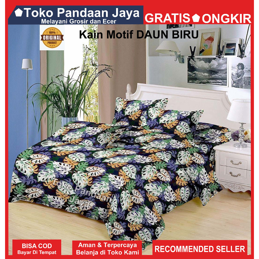 KAIN/GROSIR KAIN BAHAN KATUN DISPERSE 120mx240cm/SPREI TERLARIS KATUN DISPERSE MOTIF DAUN BIRU 120mx
