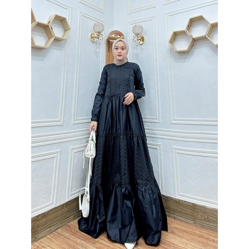 Gamis Hitam Polos Wanita Premium Kombinasi Bahan Katun Bermotif Ihsan