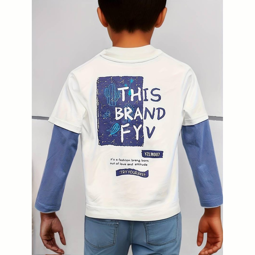 Atasan Baju Kaos Lengan Panjang Unisex Anak kombinasi putih biru hitam MOTIF SABLON  THIS BRAND FYV 