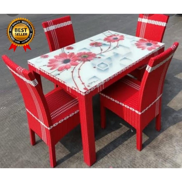 MEJA MAKAN ROTAN 4 kursi + KACA