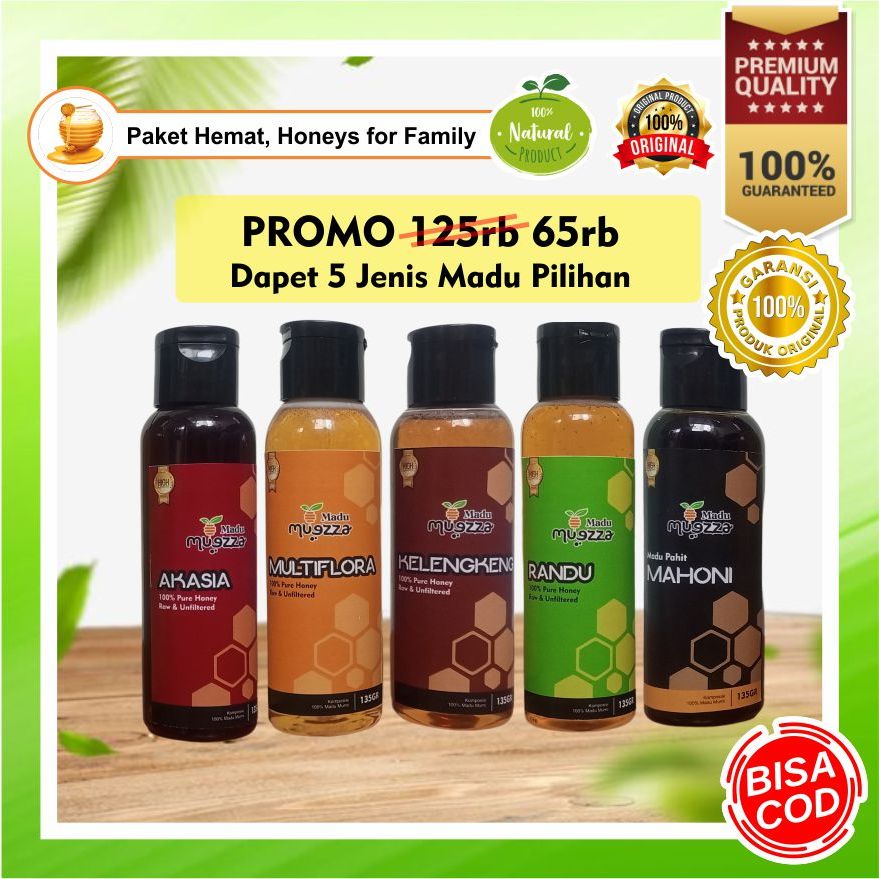 

[ PAKET HEMAT ] 5 MADU MURNI ASLI MUEZZA uk. 135GR GRADE A : MADU MULTIFLORA , MADU RANDU , MADU AKASIA , MADU KELENGKENG , MADU PAHIT MAHONI , 100% ASLI dari NEKTAR BUNGA PILIHAN