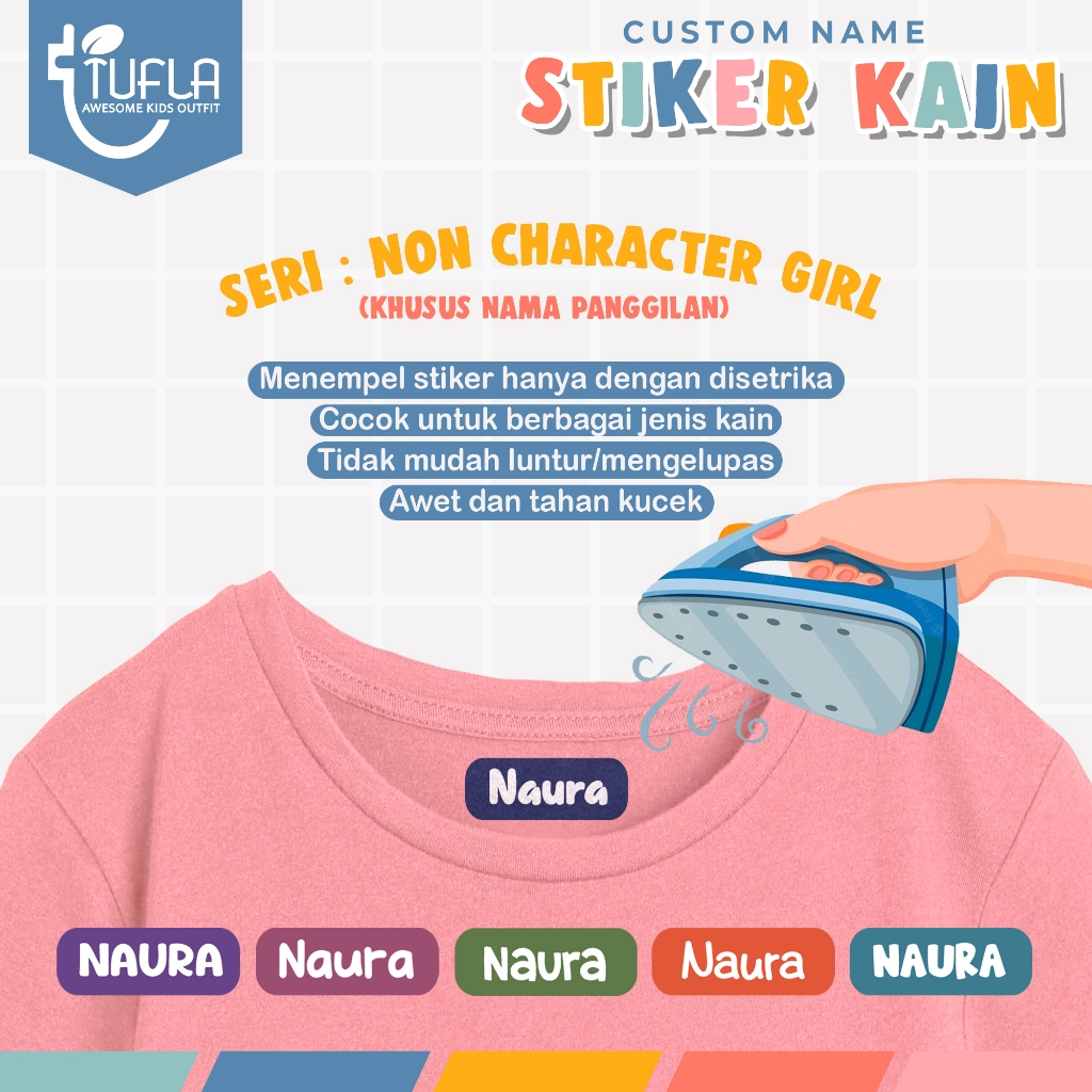 

[ISI 56-112pcs] Stiker Custom Nama Baju Kain Anak Setrika Label Seragam Sekolah - Non Karakter Perempuan Vol 1