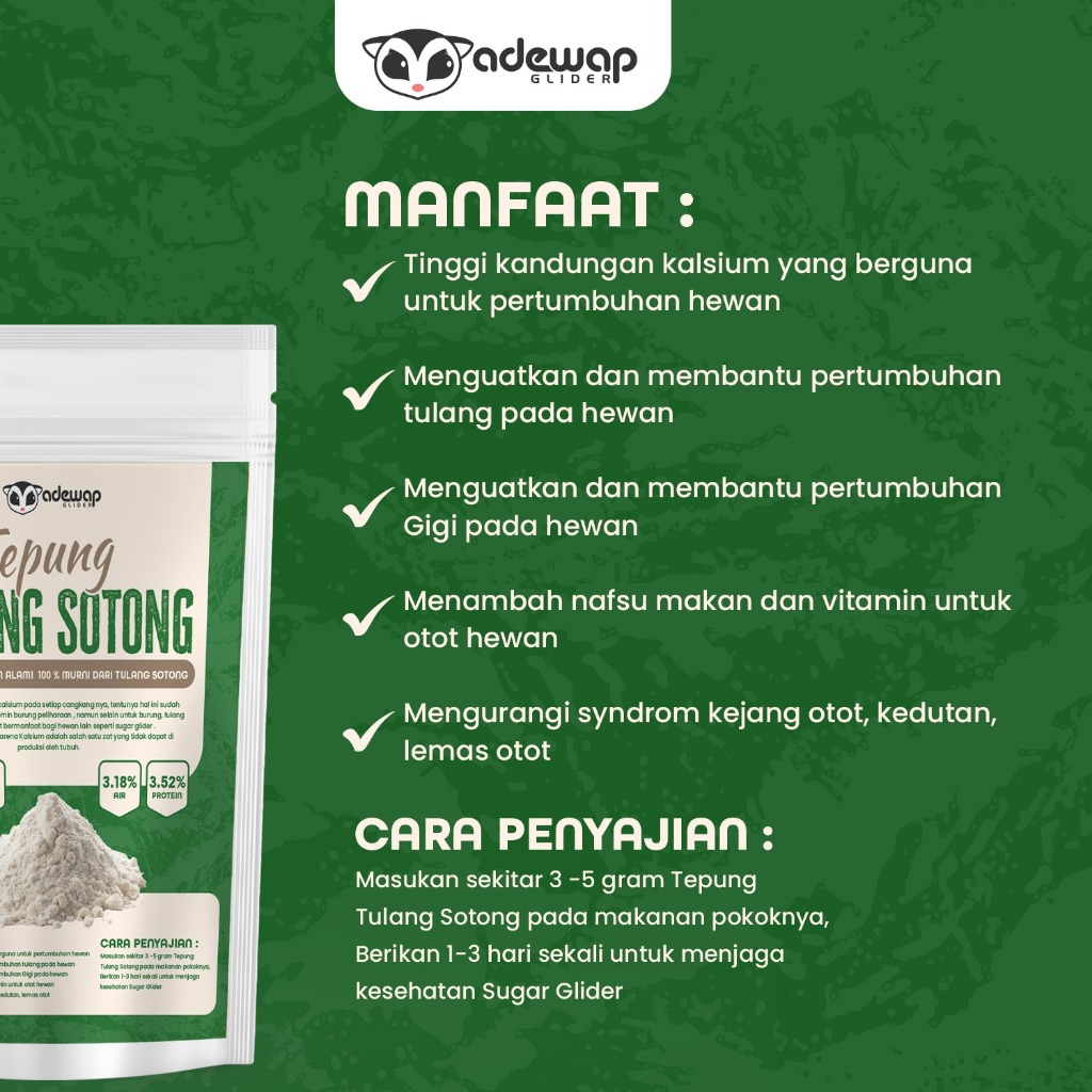 ADEWAP GLIDER Tepung Tulang Sotong Suplemen Kalsium Alami Untuk Hewan Peliharan