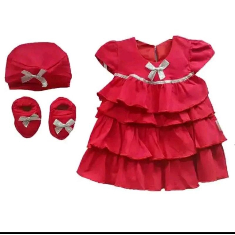 dress bayi/baju bayi perempuan/dress bayi pon-pon merah-putih-gaun bayi-setelan bayi/dress 1set