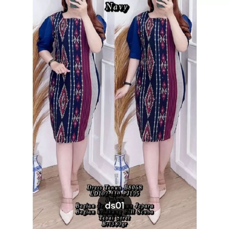 DRESS TENUN MOTIF TORAJA BIRU