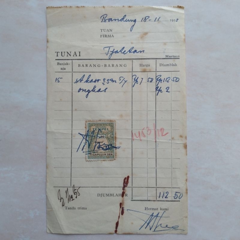 Koleksi Kuno Jadul Arsip Nota Toko Bandung ASLI 1955 - YN1522