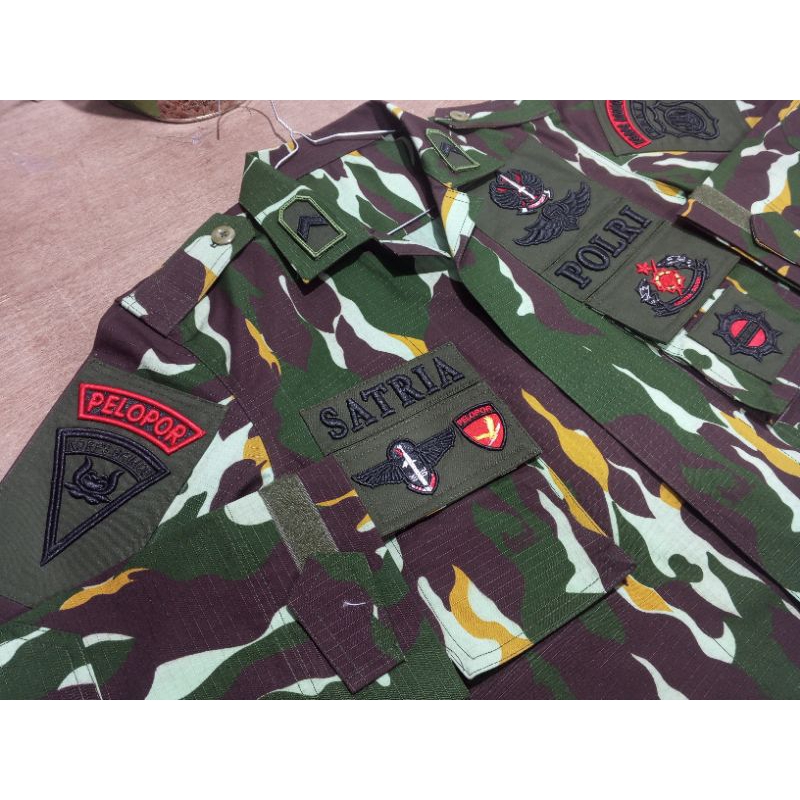 baju seragam pdl Tactical loreng brimob 1 stell atribut rata dan timbul kain siritex