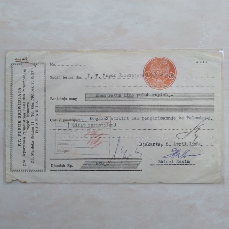 Koleksi Kuno Jadul Arsip Kwitansi PT Pupuk Sriwidjaja ASLI 1964 - YN1525