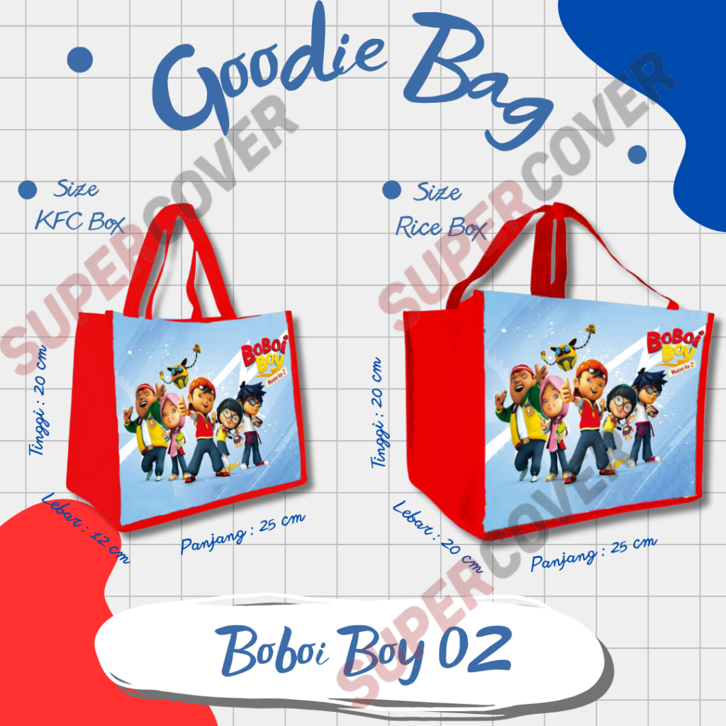 

Tas Goodie Bag Gambar Boboi Boy 02 warna Merah, Karakter Boboi Boy warna Merah untuk Acara Ulang Tahun, Tasyakuran, Aqiqah, Khitan dan lainnya