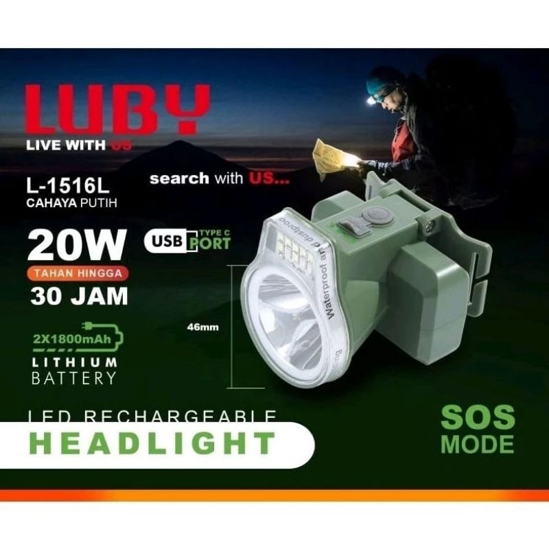 Senter kepala Luby 20watt L-1516L cahaya putih