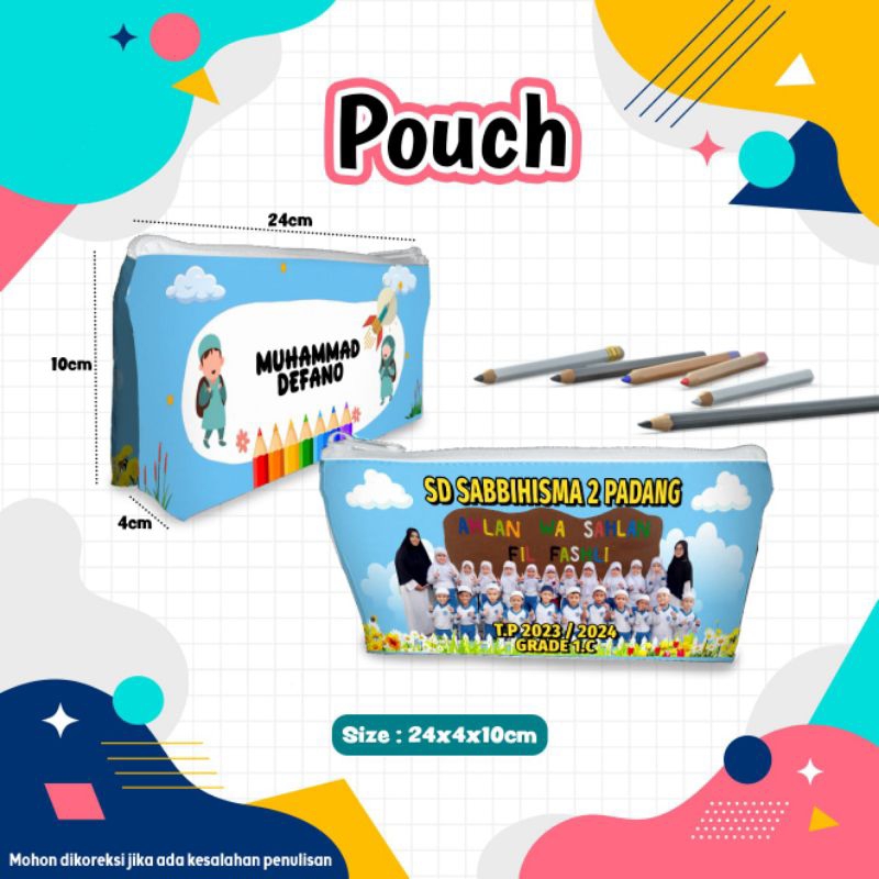 

Tempat Pensil Pouch Custom foto gambar logo dan tulisan 2 Sisi depan belakang. Ukuran 22x11cm / 24x4x10cm.