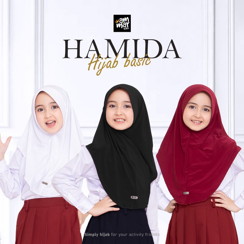 AMMAR KIDS - Hamida Hijab Basic - Jilbab Sekolah Anak TK SD MI MTS SMP Warna Putih Merah Hitam
