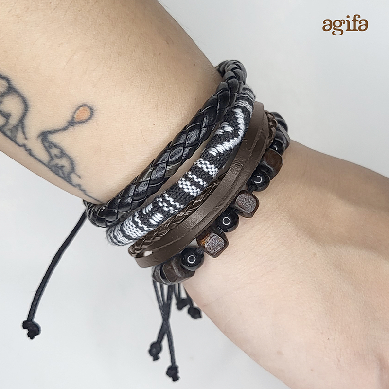 GMT4D Gelang Multilayer Set isi 4 pcs - Gelang Pria Etnik, Vintage, Retro Style