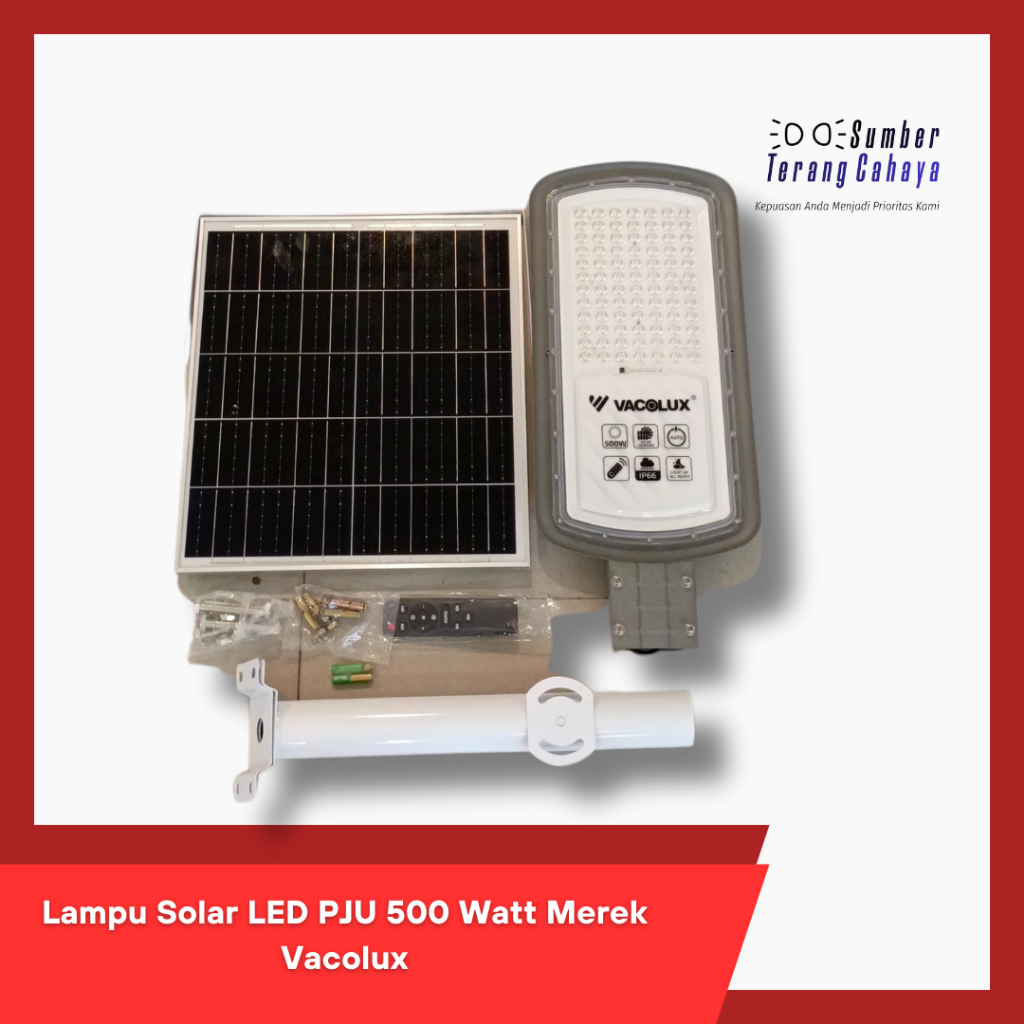 Lampu Jalan Solar LED PJU 500 Watt Merek Vacolux Include Solar Panel, Remote Control, dan Tiang (MOD