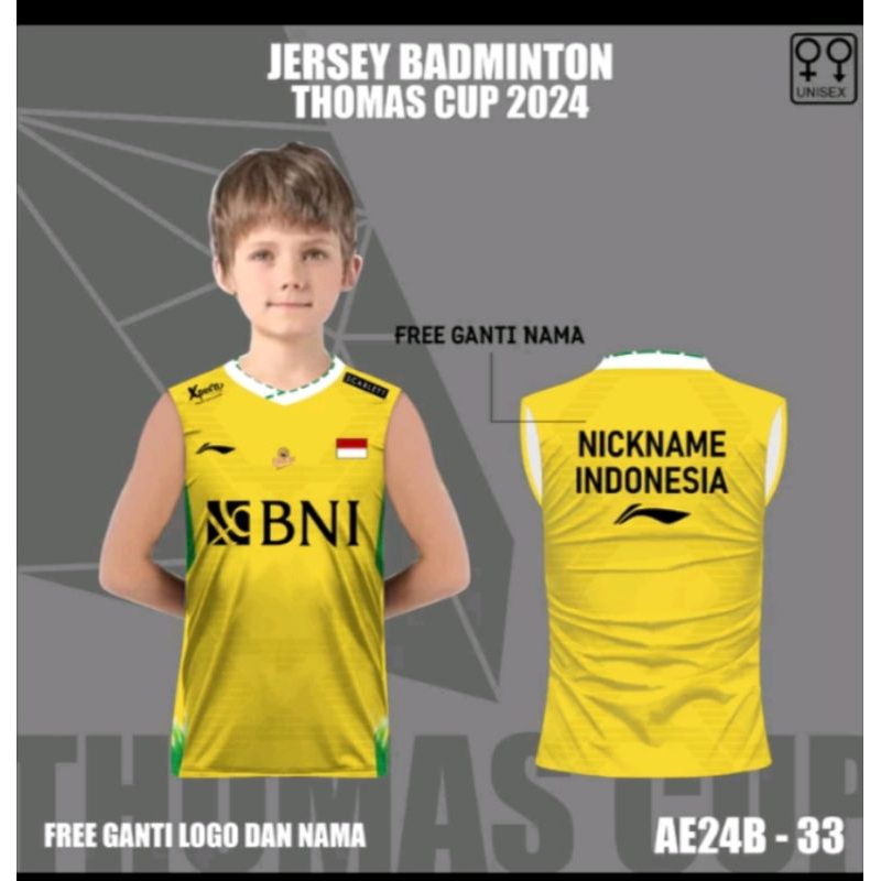 Jersey Badminton Singlet Lining Anak Thomas Cup 2024 Setelan Bulutangkis Anak Custom