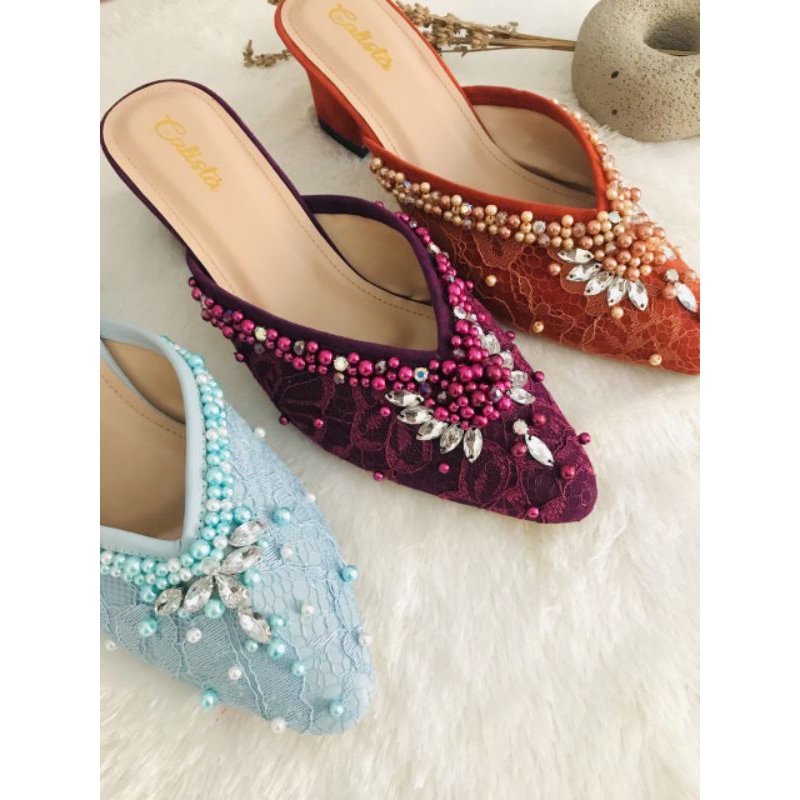 Selop pengantin wanita Hijau Sage,Tan 5cm |Selop wisuda|Selop pengantin murah|Selop pesta|Sendal fla