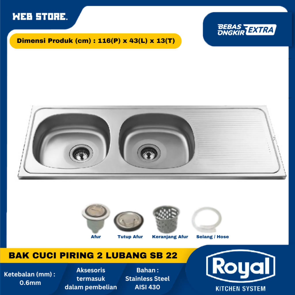 Bak Cuci Piring Kitchen Sink Washtafel Wastafel 2 Lubang ROYAL SB 22