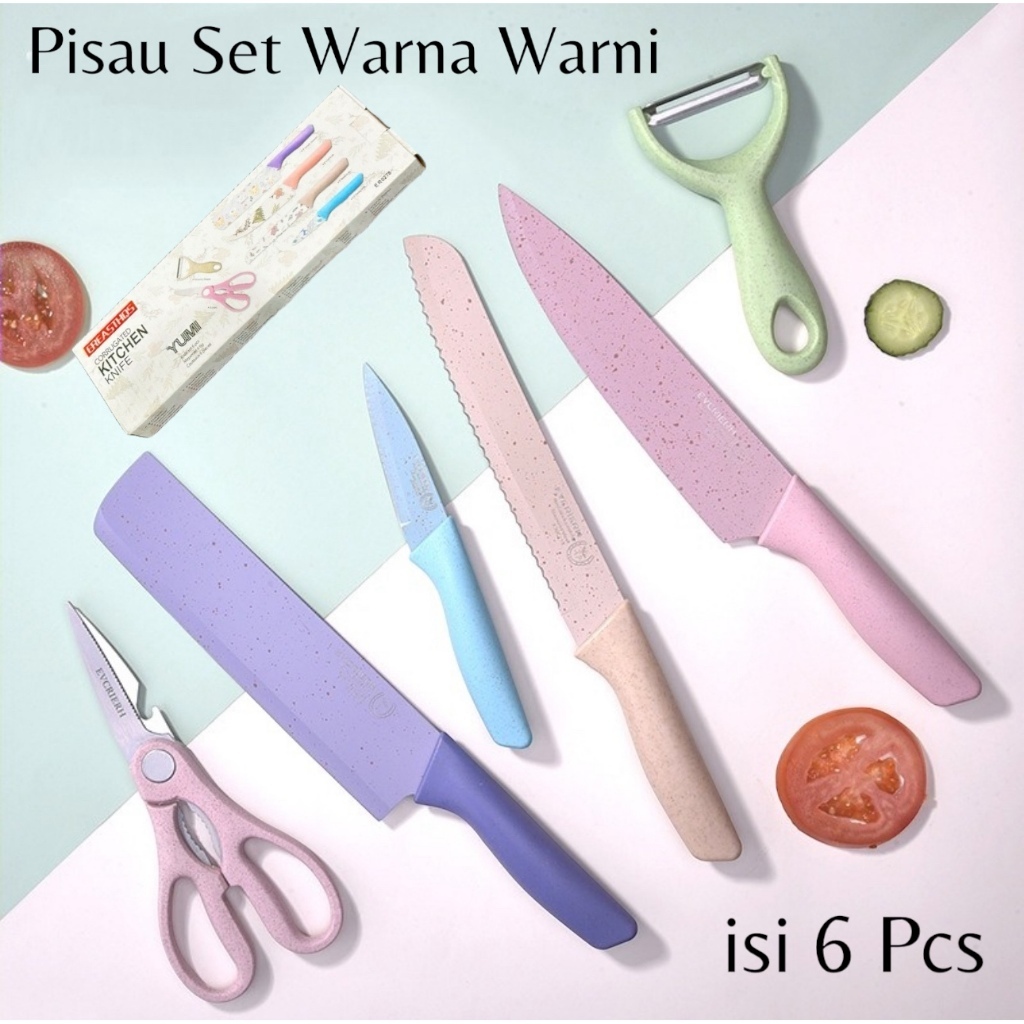 Pisau Sultan Set 6 In 1 Warna Warni Stainless Stell Tajam Anti Lengket Multifungsi Pisau Dapur Pengu