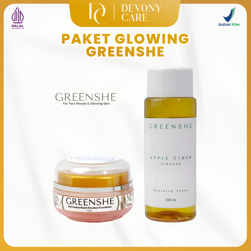 GREENSHE Skincare Paket Glowing Bedak SHC Perfect Match & Bright And Shooting Toner Cuka Apel