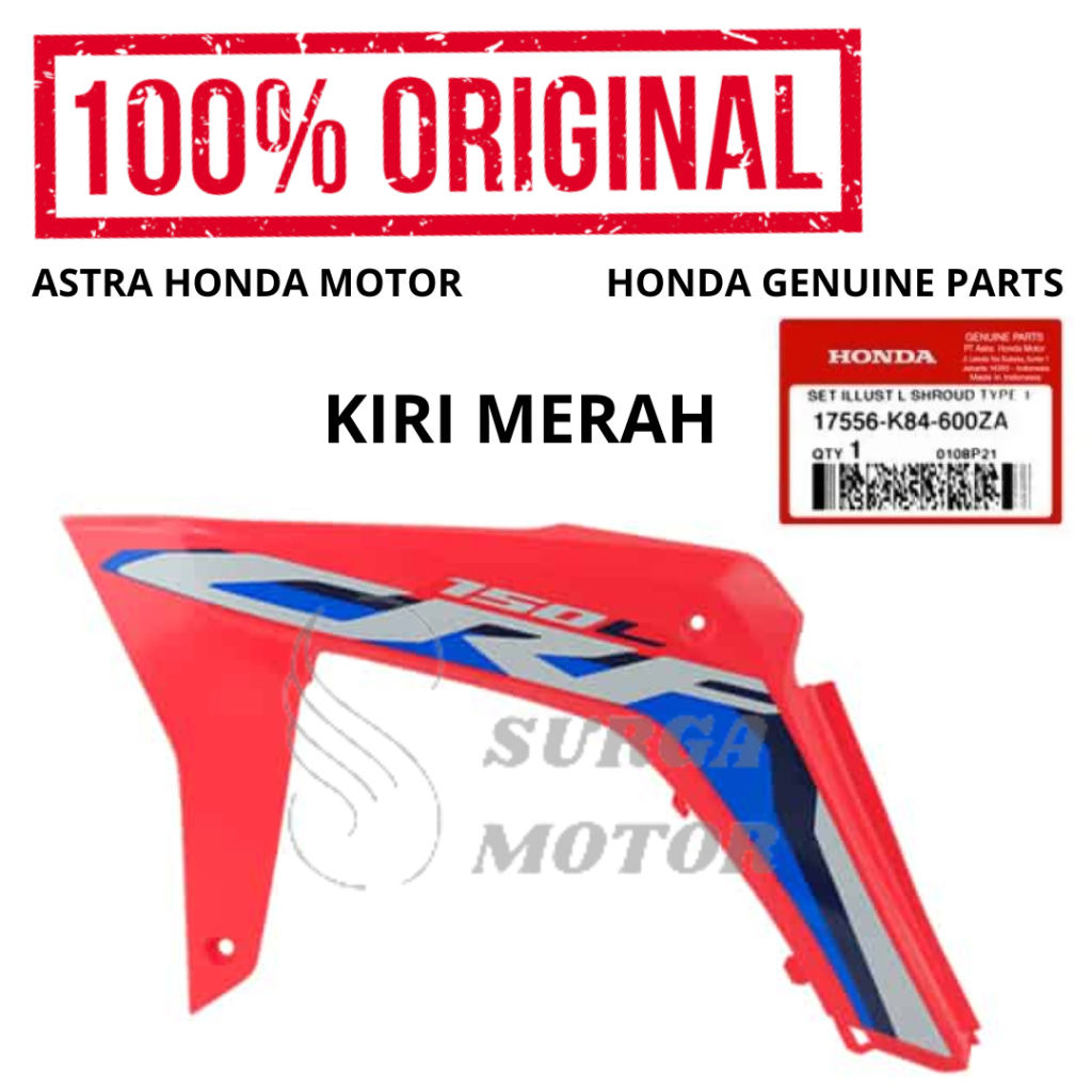 Cover Shroud Sayap Kiri Merah Type 1 Honda CRF150L K84 Extreme Red Original AHM 17556-K84-600ZA Kove