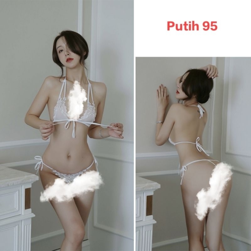 SET LINGERIE BRA + G-STRING SEXY PAKAIAN DALAM WANITA F326-Putih 95