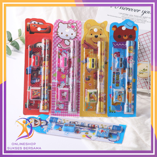 

OSB Stationery Set 5 in 1 Alat Tulis Anak Sekolah Penghapus penggaris Pensil Serutan Karakter Lucu t