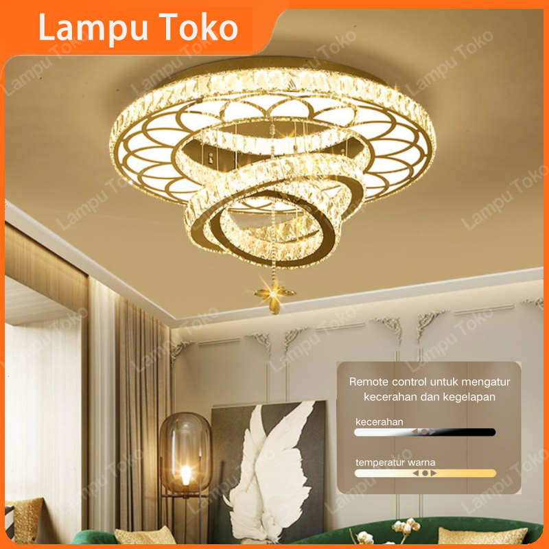 Lampu Gantung Kristal Besar Ruang Tamu Mewah dekorasi REMOTE KONTROL 3 Warna Lampu Gantung Kristal