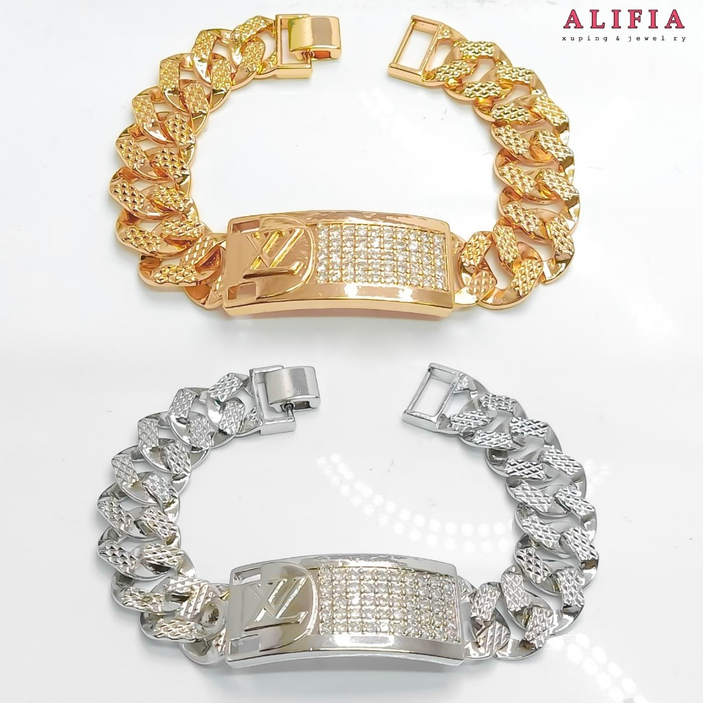 Gelang Rantai Plat Permata Besar Model LV Perhiasan Wanita Dewasa Lapis Emas dan Perak