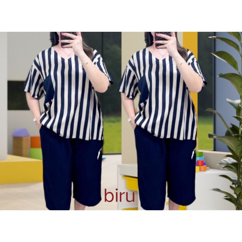 Setelan andin bahan semi rayon kombinasi salur polos oneset baju celana polos Kekinian Setelan baju 