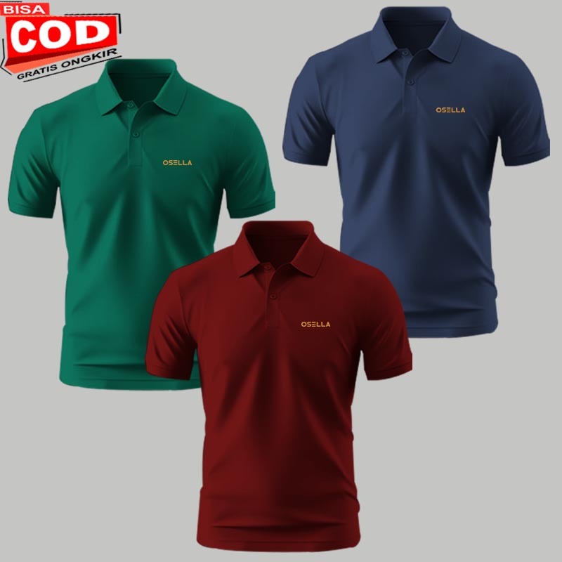 [ PAKET isi 3 PCS ] Kaso Polo Pria Wanita Tangan Pendek / Polo Shirt Distro Logo Osella Text Gold Pr