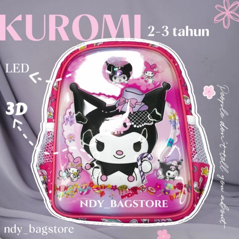 TAS ANAK PEREMPUAN PAUD KUROMI 3d+LeD, TAS ANAK PAUD PEREMPUAN 3tahun, TAS ANAK PAUD PEREMPUAN KARAK