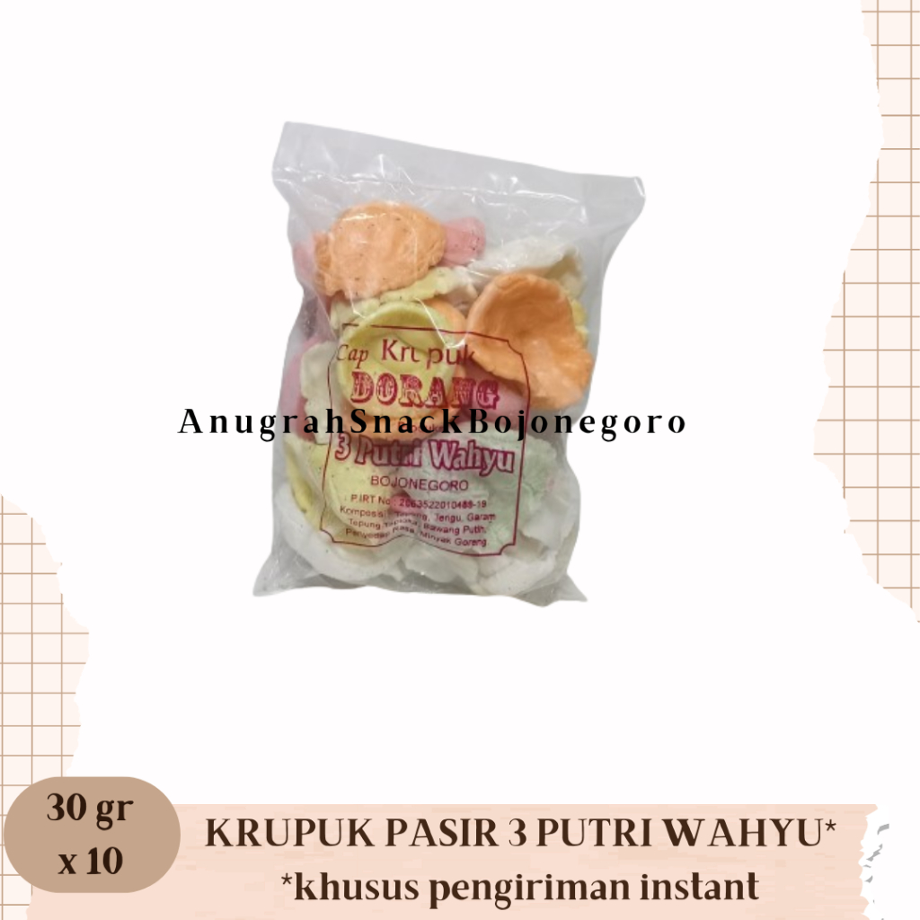 

Aneka Krupuk Cap Dorang 3 Putri Wahyu Bojonegoro 30gr x 10